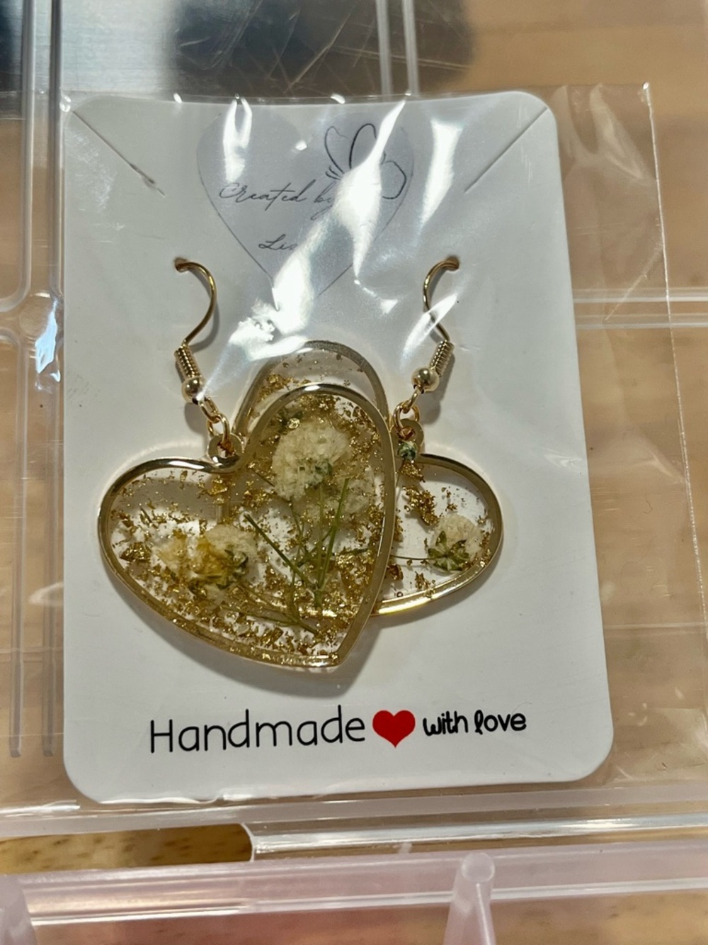 Handmade Resin Gold Floral Heart Earrings